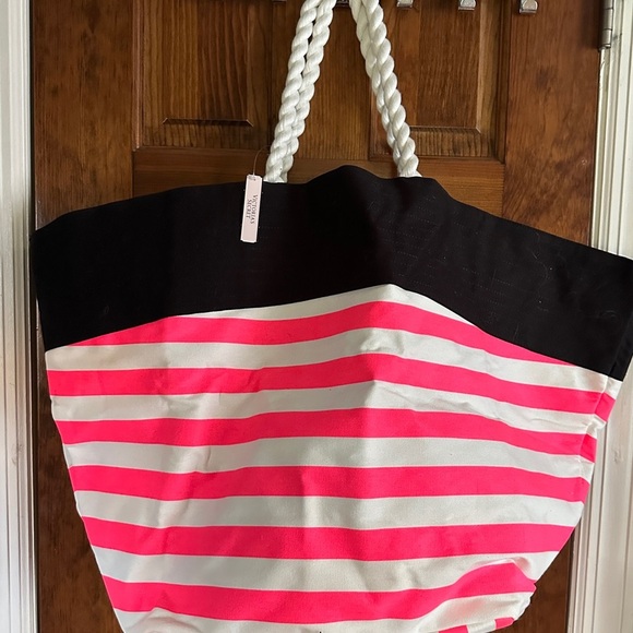 NWT Victoria's Secret Large Pink Stripef Tote Bag Rope Handles - Picture 2 of 8
